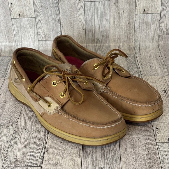 Sperry Top Sider Women's 9.5 M Boat Shoes Tan Leather Lace Up Slip On Moccasins - Picture 1 of 9